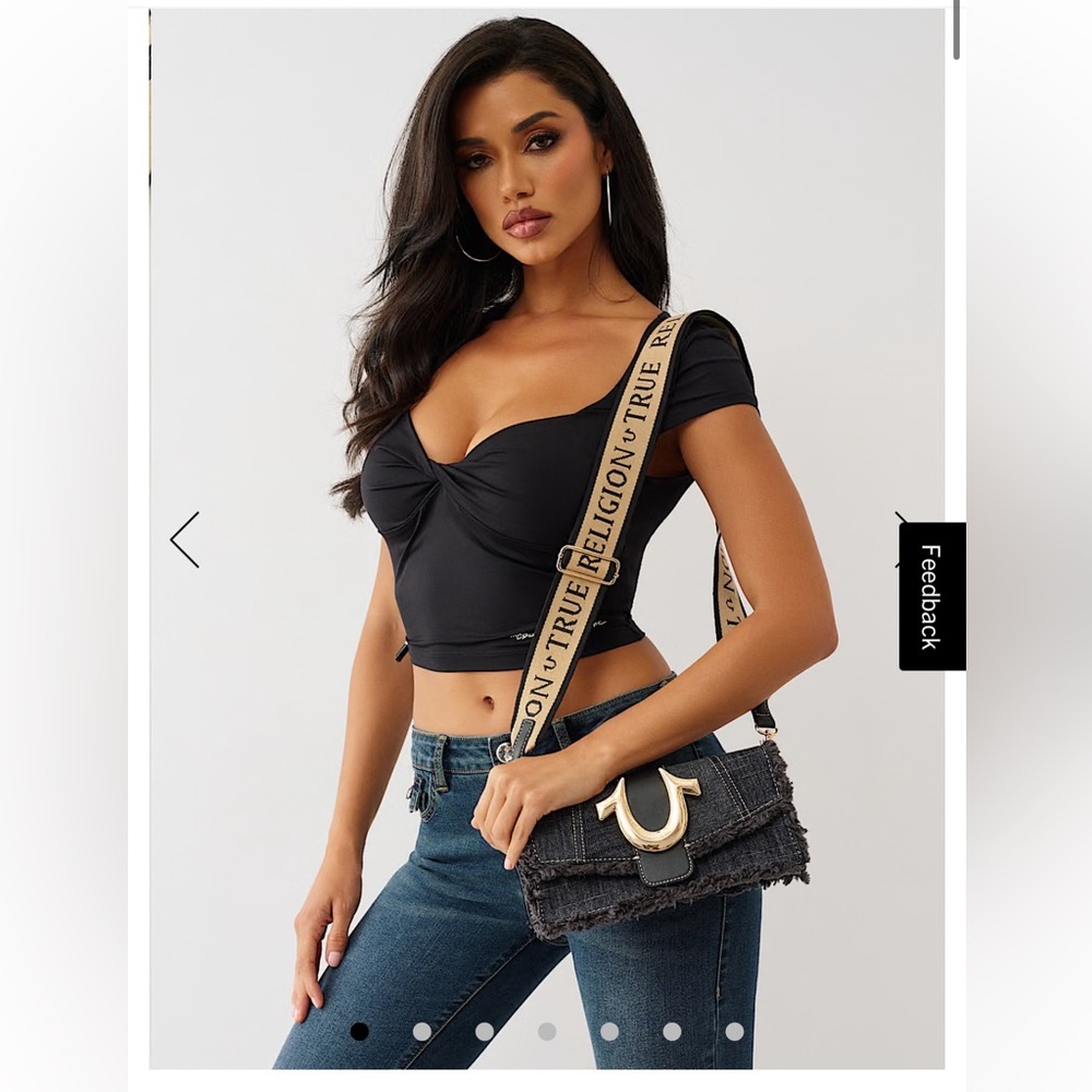 NWT True Religion Frayed Black Denim Flap Bag a gold horseshoe Logo Strap